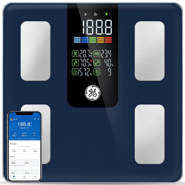 GE Smart Scale for Body Weight, BMI, Fat, Muscle Mass, Digital Bathroom Scales 500lbs Bluetooth 11.8" Large Platform Weighing Machine Health Monitor with App, Dark Blue