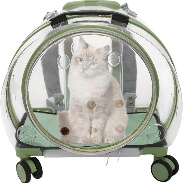 Transparent & Fully Breathable Hard Cat Carrier with Rolling Wheels, Multiple Carrying Carrier for Cats, Dogs, Or Bunnies for Traveling, Taking a Walk, Applicable Weighing up to 19.84lbs (Green,Clear)