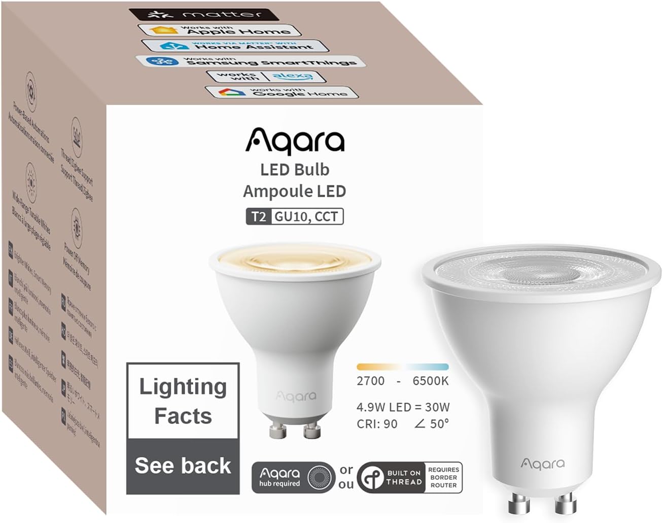 Aqara Thread/Zigbee Smart LED Light Bulb T2 GU10, Tunable White (2700K-6500K),Matter,Works with HomeKit, Alexa, Google Aqara Thread/Zigbee Smart LED Light Bulb T2 GU10, Tunable White (2700K-6500K),Matter,Works with HomeKit, Alexa, Google