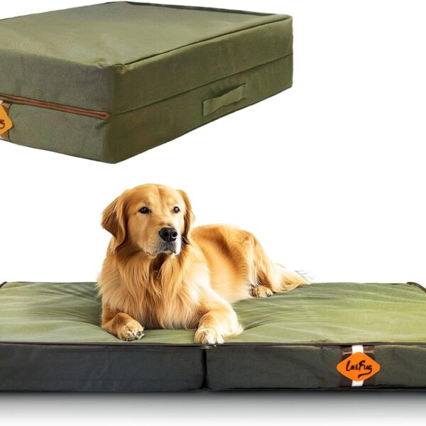 Laifug Foldable Waterproof Dog Bed for Large Dogs - Outdoor Orthopedic Dog Bed with Washable Removable Cover, Pet Mattress with Handles, Army Green, (44 x 32 x 3.5, inches)