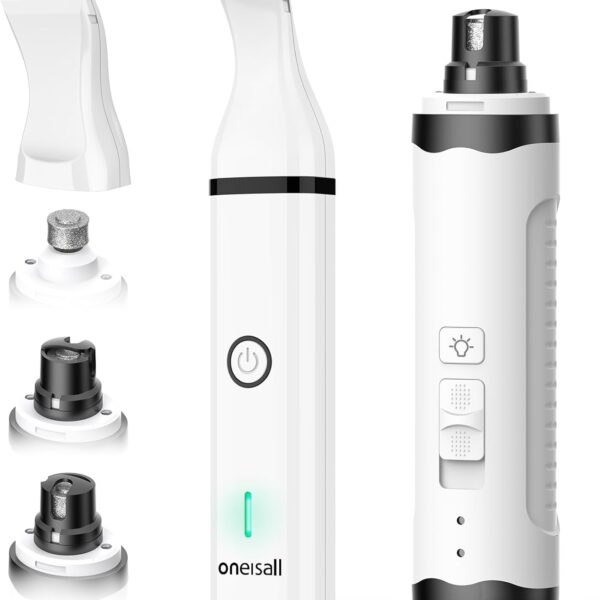 oneisall Dog Nail Grinder and Paw Trimmer Kit 3 in 1 Quiet Rechargeable Electric Pet Nail Grinder with 2 LED Lights and Cordless Dog Grooming Safe Clippers