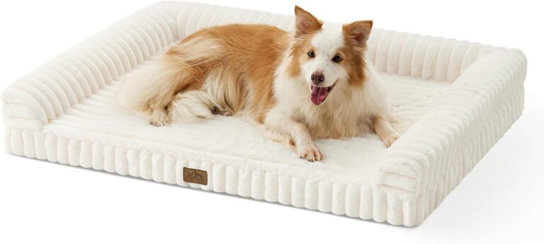 COZY KISS Cute Dog Bed for Large Dogs, Faux Rabbit Fur Orthopedic Foam Dog Bed with Sides, Removable Washable Cover & Waterproof Lining, Comfortable Pet Couch, Cream (44" L x 32" W x 7" Th)