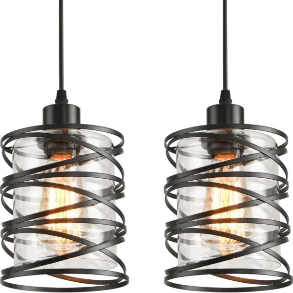 IHENGYANLT 2 Pack Black Spiral Cage Pendant Lights with Clear Glass Shade, Suitable for Kitchen Island, Dining Table, Entryway, Restaurant