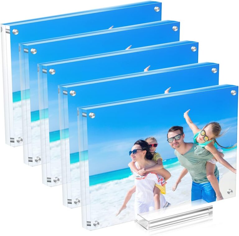 JUOIFIP 5 Pack Acrylic Picture Frame 57 Clear Double Sided Magnetic Photo Frame - Frameless Baby Friend Family Picture Desktop Display with Support Stand and Gift Boxes