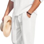 COOFANDY Men's 2 Pieces Cotton Linen Set Long Sleeve Henley Shirts Casual Beach Pants With Pockets Summer Yoga Outfits