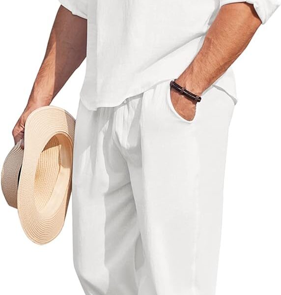 COOFANDY Men's 2 Pieces Cotton Linen Set Long Sleeve Henley Shirts Casual Beach Pants With Pockets Summer Yoga Outfits