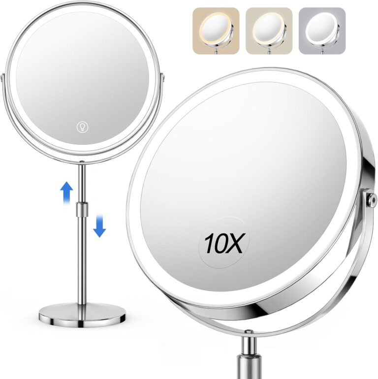 Lighted Makeup Mirror, Rechargeable Height Adjustable Double Sided, 1x/10x Magnifying with 3 Color, Brightness Adjustable, 360 Rotation Vanity, Gift for Women