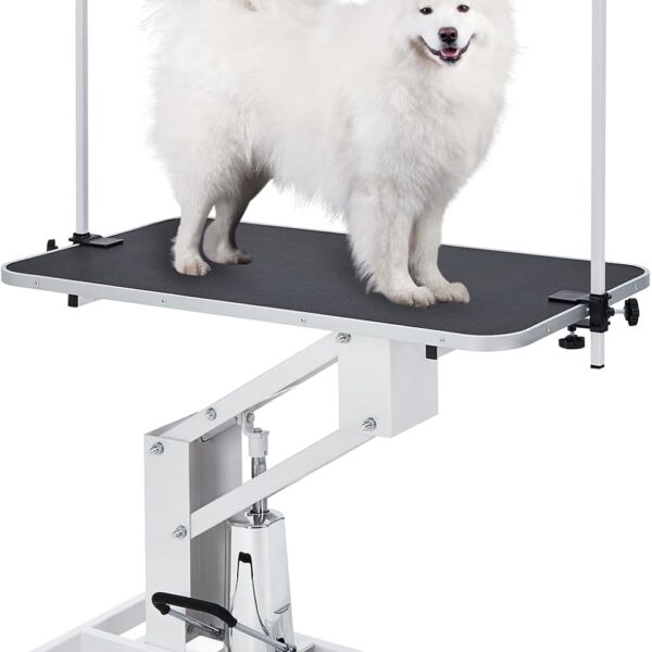 43" Hydraulic Dog Grooming Table, Adjustable Overhead Arm & Noose, Non-Slip PVC Top for Large Dogs, Salon-Grade Pet Grooming Station,Max Weight Capacity 350 Lbs