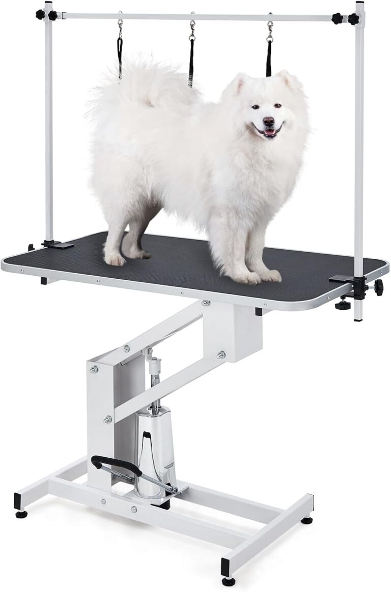 43" Hydraulic Dog Grooming Table, Adjustable Overhead Arm & Noose, Non-Slip PVC Top for Large Dogs, Salon-Grade Pet Grooming Station,Max Weight Capacity 350 Lbs
