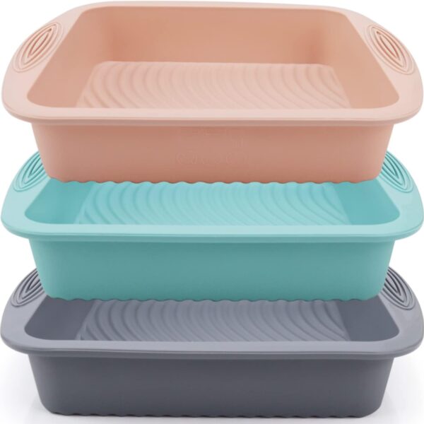 Silicone Square Cake Pan - Non-Stick, Easy Release, Heat Resistant for Baking Cakes, Brownies, Cheesecakes and More 8.5 Inch 3 Pack for Oven, Microwave, Freezer and Dishwasher