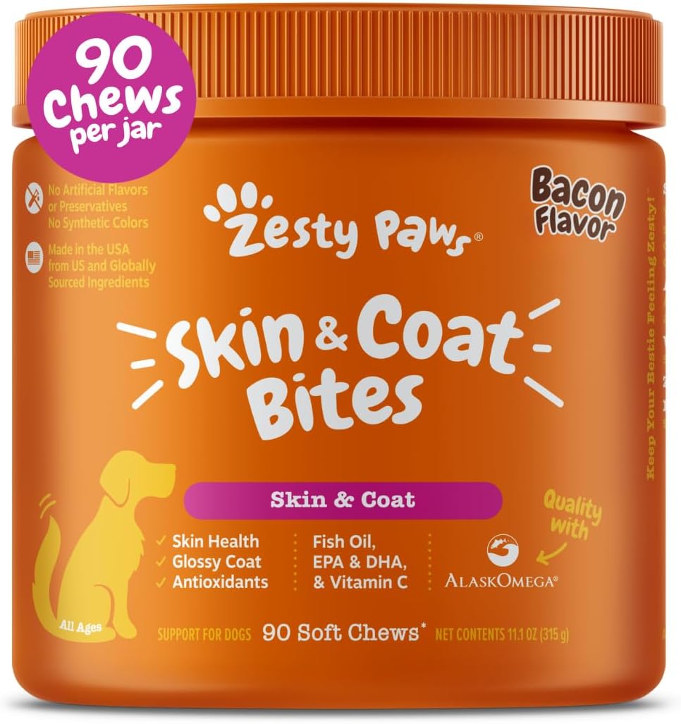 Zesty Paws Omega 3 Fish Oil for Dogs - Zesty Paw Dog Vitamins and Supplements for Hip, Joint & Skin, Bacon (90 Chews) Zesty Paws Omega 3 Fish Oil for Dogs - Zesty Paw Dog Vitamins and Supplements for Hip, Joint & Skin, Bacon (90 Chews)