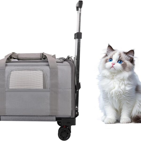 Pet Carrier with Wheels - Soft-side Wheeled Cat Carrier for Dogs with Telescopic Handle, Collapsible Rolling Pet Travel Bag Carrier for Large Cats Small Medium Dogs for Camping Vet Visiting Light Grey