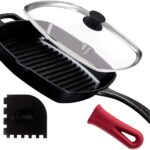 Cuisinel Cast Iron Square Grill Pan + Glass Lid + Pan Scraper + Handle Cover - 10.5" Pre-Seasoned Ridged Skillet - Grill, Stovetop, Fire, Indoor/Outdoor Use - for Grilling, Frying, Sauteing