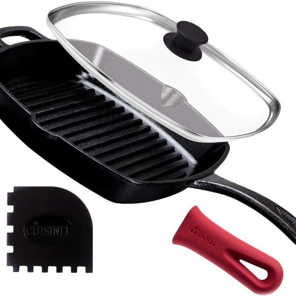 Cuisinel Cast Iron Square Grill Pan + Glass Lid + Pan Scraper + Handle Cover - 10.5" Pre-Seasoned Ridged Skillet - Grill, Stovetop, Fire, Indoor/Outdoor Use - for Grilling, Frying, Sauteing
