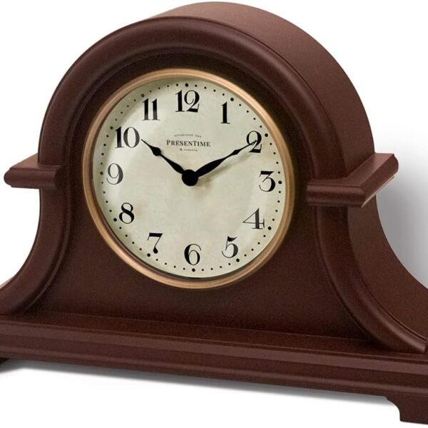Presentime & Co. Mantel Clock Vintage Farmhouse Series, Napoleon Desk & Shelf Clock, 13 x 10 inch, Domed Lens, Quartz Movement, ABS Plastic Case, Walnut Brown Finish (Home/Tabletop Decoration)