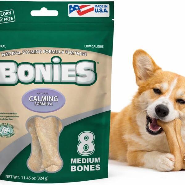 Bonies Natural Calming Formula Medium-Sized Single Bone - Contains Chamomile & Lavender, Help Anxiety, Excessive Barking & Trembling, Chicken Flavor, [Medium Dog], 8 Bones