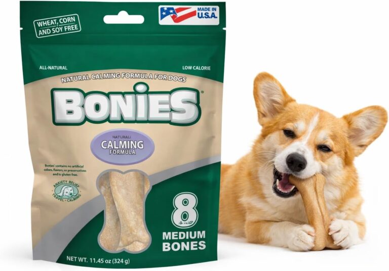 Bonies Natural Calming Formula Medium-Sized Single Bone - Contains Chamomile & Lavender, Help Anxiety, Excessive Barking & Trembling, Chicken Flavor, [Medium Dog], 8 Bones