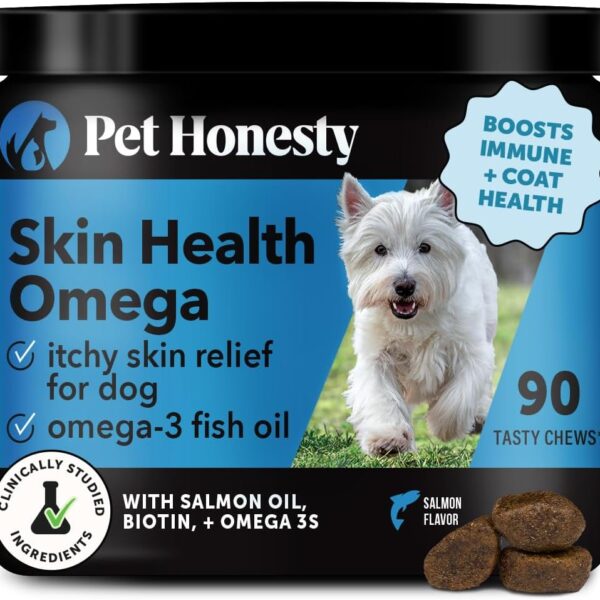 Pet Honesty Omega Skin Health Chews for Dogs, Alaskan Salmon Oil, Omega-3 Fish Oil, Krill, Spirulina, Omega-3s, Healthy Skin & Coat, Itchy Skin, Dog Allergies, May Reduce Shedding (90 Count)