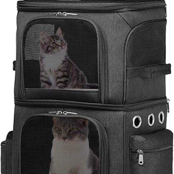 biosp Double-Compartment Pet Carrier Backpack with Wheels for Small Cats and Dogs, Rolling Cat Travel Carrier for 2 Cats, Super Ventilated Design, Ideal for Traveling/Hiking/Camping, Black