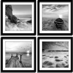 ENGLANT-4 Panels Set Framed Canvas Print for Seascape Beach and Boat Sunrise Scenery Black and White Giclee Canvas Print Wall Art Ready to Hang