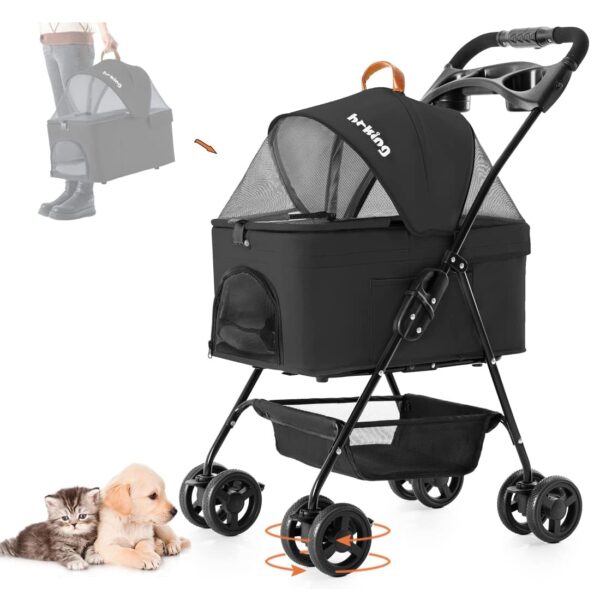 LPOTIUS 3-in-1 Pet Stroller for Small Dogs and Cats, Folding Lightweight Dog Stroller with Detachable Carrier Portable Cat Puppy Jogging Stroller with Cup Holder and Storage Basket, 4 Wheels