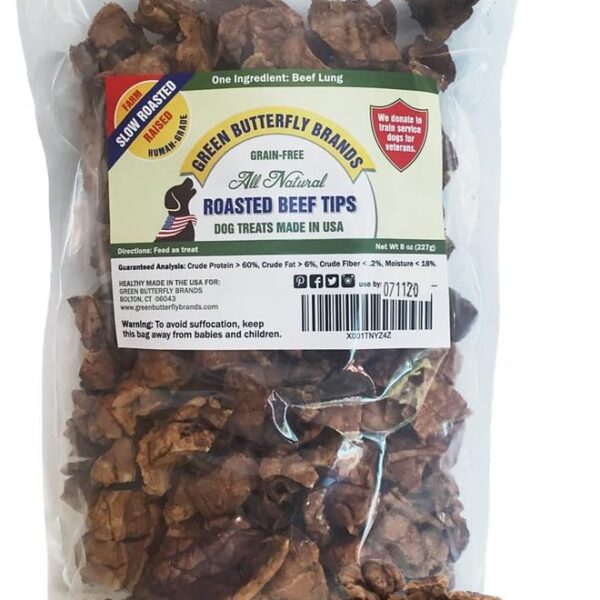 Beef Dog Treats  Made in USA Only  All Natural, Meaty Beef Tips  Premium, Slow Roasted  Grass Fed, Farm Raised  Crunchy, Grain Free Training Treat, 8 Ounces
