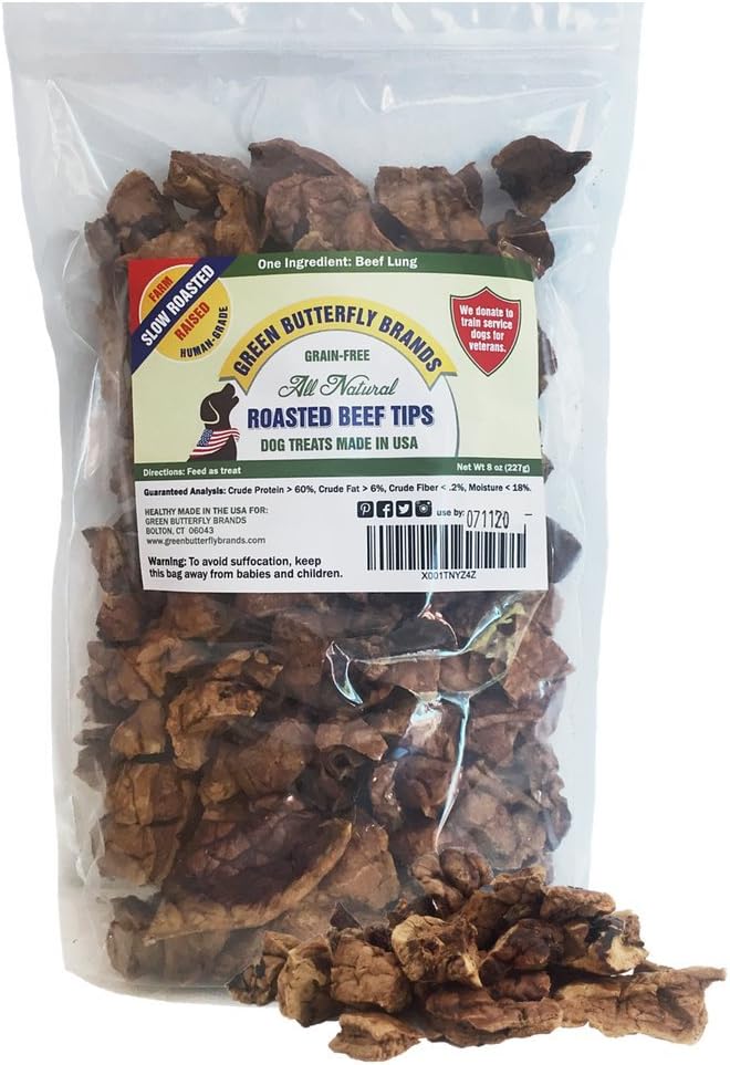 Beef Dog Treats  Made in USA Only  All Natural, Meaty Beef Tips  Premium, Slow Roasted  Grass Fed, Farm Raised  Crunchy, Grain Free Training Treat, 8 Ounces