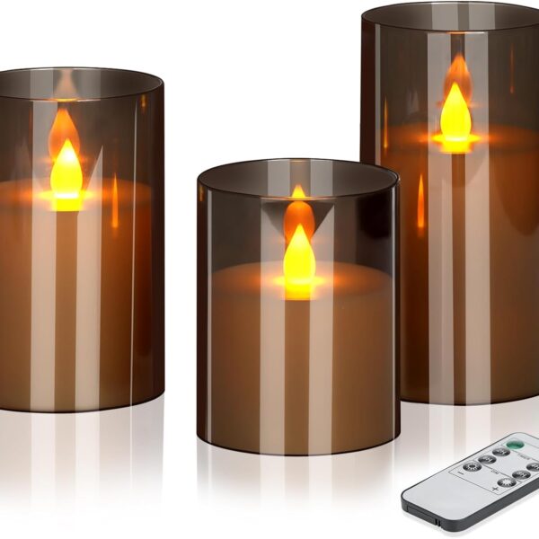 Flameless Candles 4" 5" 6" Set of 3 Acrylic Glass Pillars 3" Diameter Battery Operated Flickering Candles Include 8-Key Remote with Timer Function 400+ Hours (Gray, 3 Pack)