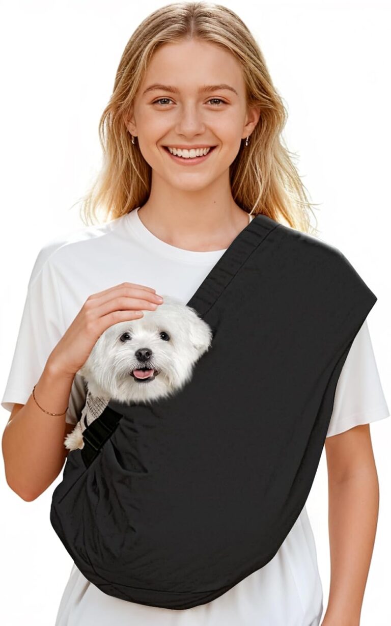 Dog Carrier Sling for Small Dogs Cats- Hands Free Pet Sling Carrier with Mesh Lining Pocket & Safety Hook, Adjustable Cat Dog Front Carrier for Travel, Daily Walk, Outdoor Black S