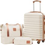 COOLIFE Luggage Carry On Luggage Suitcase Softside Wheeled Luggage Lightweight Rolling Travel Bag, White, 3 Piece Set (DB/TB/20), Luggage Set with Bags