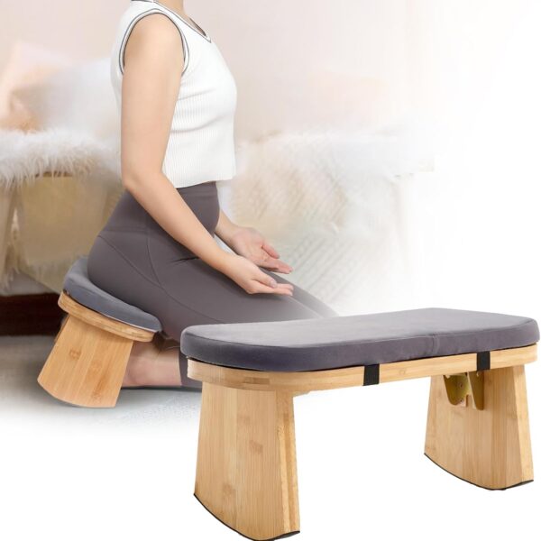 Meditation Bench, Folding Meditation Chair with Cushion, Bamboo Meditation Stool with Anti-Slip Mat, Adjustable Yoga Stool with Curved Bottom Edges, Prayer Bench