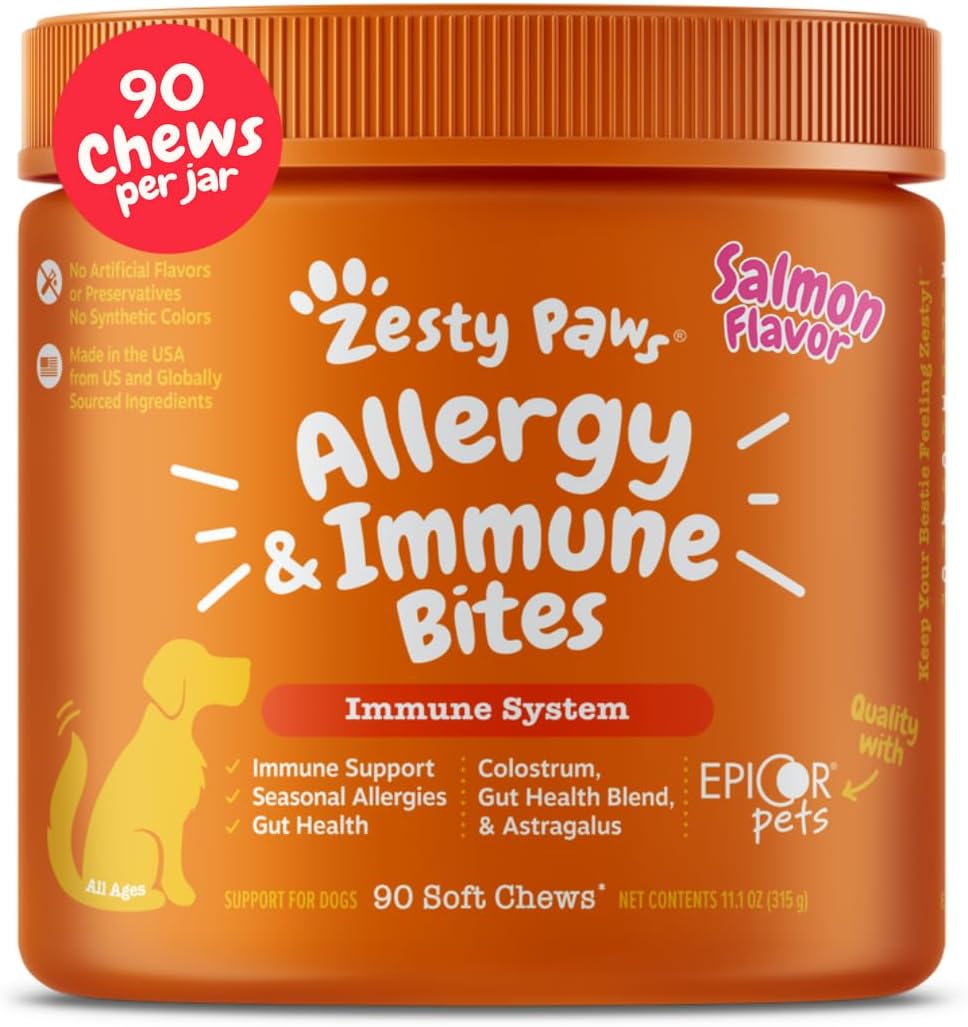 Zesty Paws Dog Allergy Relief Chews, Dog Probiotics for Itchy Skin and Ears, Salmon, 90ct Zesty Paws Dog Allergy Relief Chews, Dog Probiotics for Itchy Skin and Ears, Salmon, 90ct
