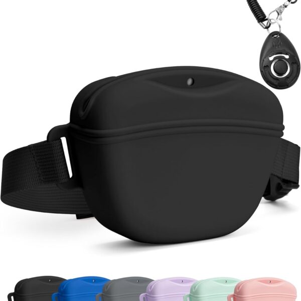 heouvo Dog Treat Pouch with Training Clicker, Upgrade Stronger Magnetic Closure to Avoid Spilling, 1.67 Cup Silicone Treat Bag Fanny Pack with Waist Belt for Pet Training Walking (Black)