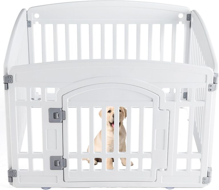 Sweetcrispy Plastic Dog Playpen - 4-Panel 24" Expandable & Durable Pet Fence for Medium Dogs - Indoor & Outdoor Portable Puppy Playpen with Secure Locking Door, White