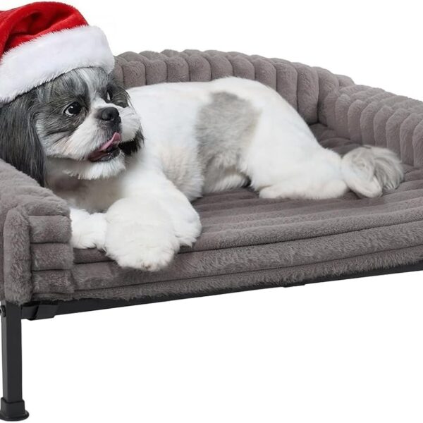 Veehoo Elevated Dog Bed with Bolster Cushion, Fluffy Plush Dog Couch Beds for Small Dogs, Cats, Washable Raised Pet Cot with Non-Slip Feet for Indoor or Patios Use, 30 x 20 Inches, Grey