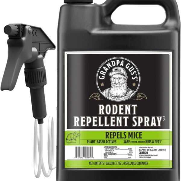 Grandpa Gus's Rodent Repellent Spray with Sprayer, Natural Peppermint & Cinnamon Oils Repel Mice and Stop Rats, 1 Gallon (Pack of 1)