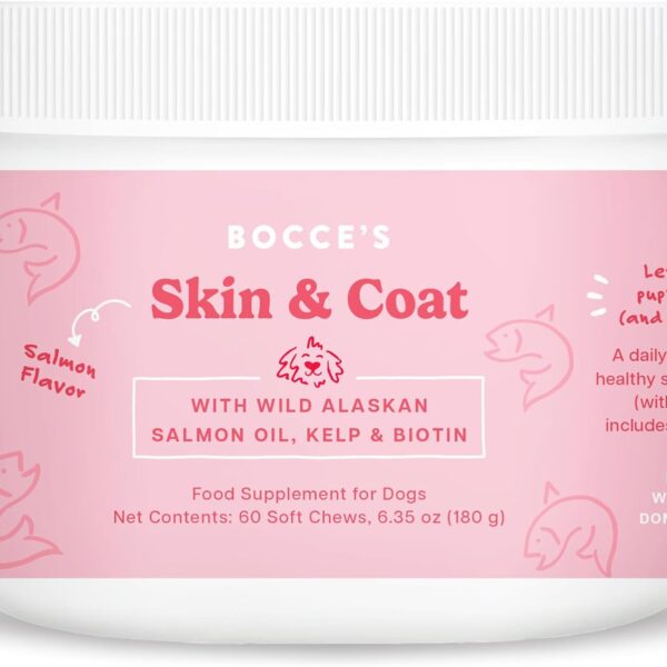 Bocce's Bakery Skin & Coat Supplement for Dogs, Daily Chews Made in The USA with Vitamin E & Essential Fatty Acids, Supports Healthy Skin & Coat, Salmon, 60 ct, Red (DG-SP-SKIN60)