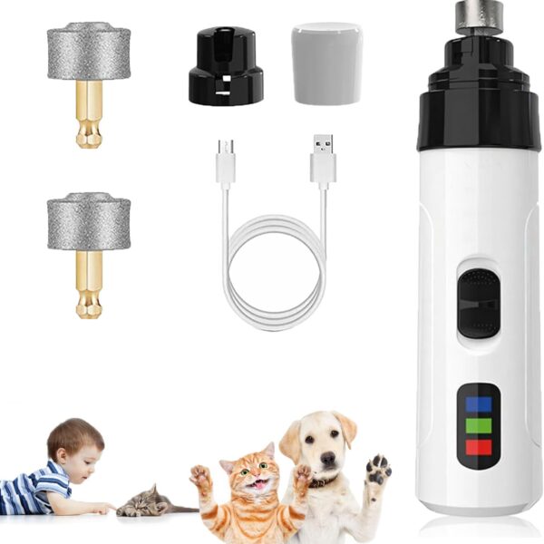 Nail Grinder for Dogs Rechargeable USB Charging Pet Nail Grinder for Dogs and Cats N-ail Trimmer with LED Light & 3 Speeds(1+2*Replacement Head)