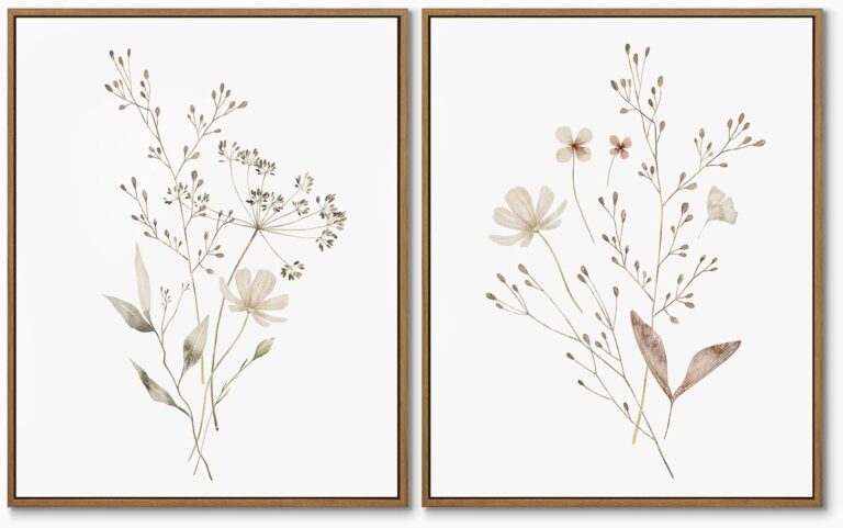 Boho Wall Art Set of 2 Watercolor Botanical Floral Picture Blossomy Wildflower Canvas Art Prints Minimalist Flower Wall Decor for Living Room Bedroom Bathroom Home Office Decoration, 11x14 Inch Framed