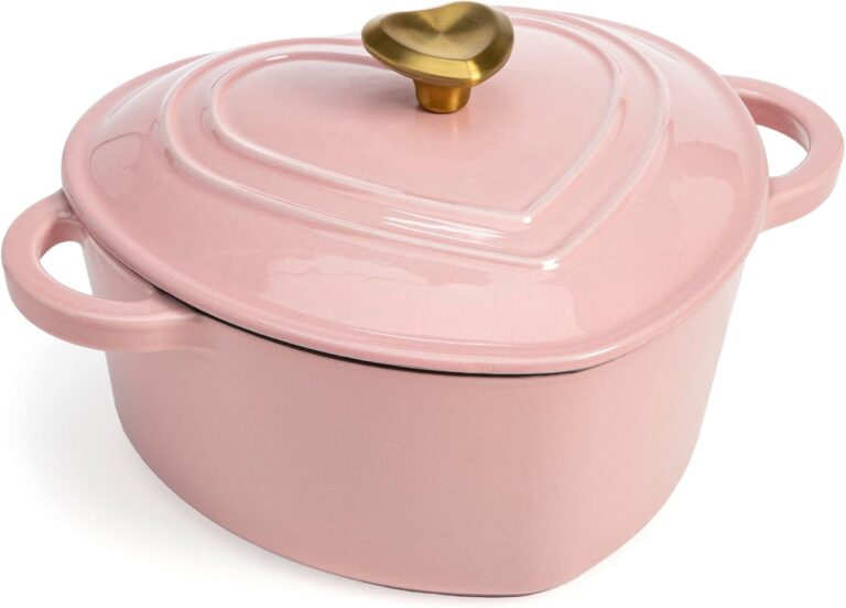 Paris Hilton Enameled Cast Iron Dutch Oven Heart-Shaped Pot with Lid, Dual Handles, Works on All Stovetops, Oven Safe to 500F, 2-Quart, Pink