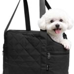 Lightweight Dog Purse Carrier for Small Dogs up to 15 lbs, Dog Tote Bag Puppy Carrier, Soft Plush Interior, Safety Leash Clip, 4 Side Pockets Dog Carrier Bag for Travel & Walking, Black