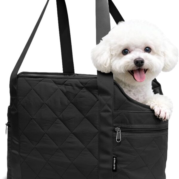 Lightweight Dog Purse Carrier for Small Dogs up to 15 lbs, Dog Tote Bag Puppy Carrier, Soft Plush Interior, Safety Leash Clip, 4 Side Pockets Dog Carrier Bag for Travel & Walking, Black