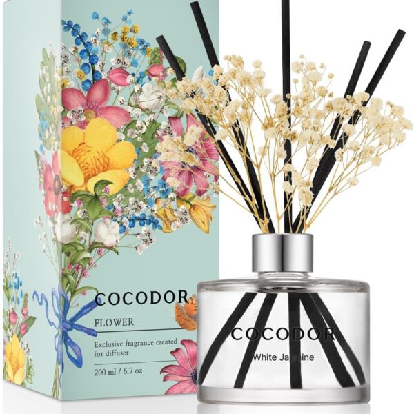 COCODOR Flower Reed Diffuser Set / 6.7oz / White Jasmine/Scent Diffuser with Sticks Home Fragrance Reed Diffuser for Bathroom Shelf Decor