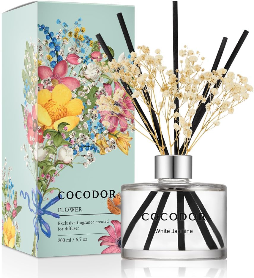 COCODOR Flower Reed Diffuser Set / 6.7oz / White Jasmine/Scent Diffuser with Sticks Home Fragrance Reed Diffuser for Bathroom Shelf Decor COCODOR Flower Reed Diffuser Set / 6.7oz / White Jasmine/Scent Diffuser with Sticks Home Fragrance Reed Diffuser for Bathroom Shelf Decor