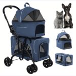 Pet Stroller with 2 Detachable Carriers, Folding Design, Large Capacity for Cats and Small Dogs, Navy, Medium