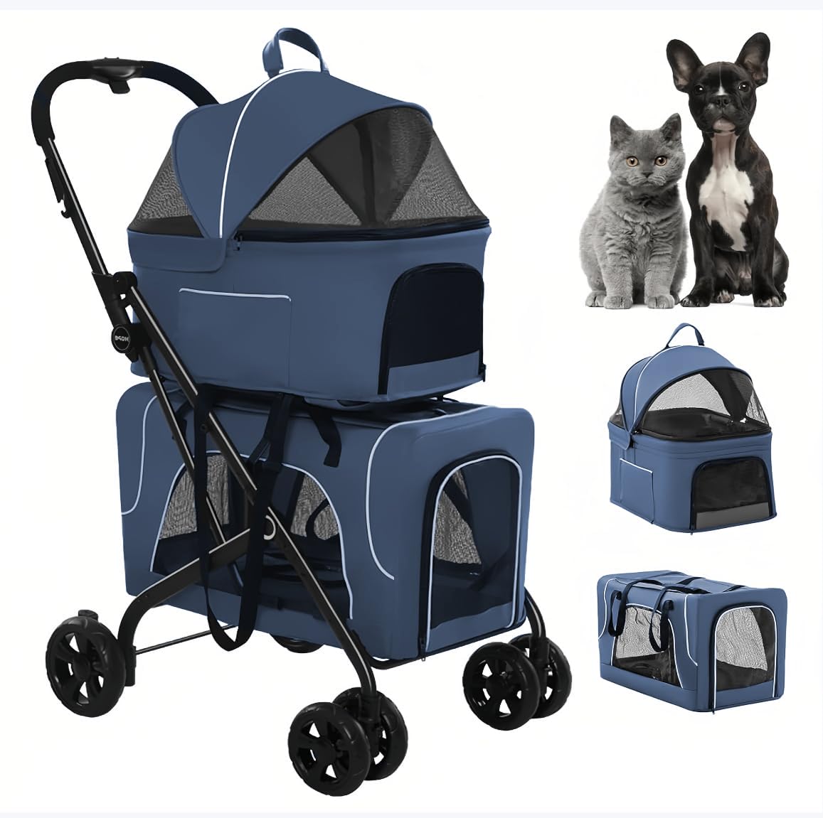 Pet Stroller with 2 Detachable Carriers, Folding Design, Large Capacity for Cats and Small Dogs, Navy, Medium Pet Stroller with 2 Detachable Carriers, Folding Design, Large Capacity for Cats and Small Dogs, Navy, Medium