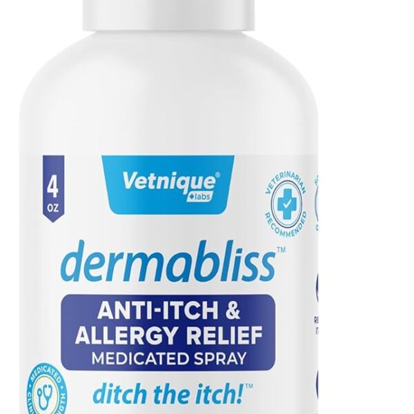 Vetnique Dermabliss Anti Itch Spray for Dogs & Cats with Hydrocortisone for Allergies and Immediate Dog Itching Skin Relief - Fragrance Free with Soothing Oat Extract (4oz)