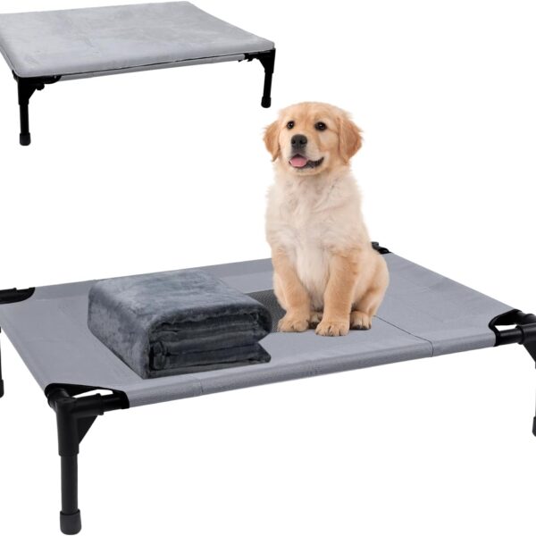 Outdoor Dog Elevated Bed for Large Dogs with Plush Mat, Durable Washable Raised Dog Beds, Indestructible Cooling Dogs Beds, Chew Proof Pet Cot Hammock for Large Breathable Outside (L)