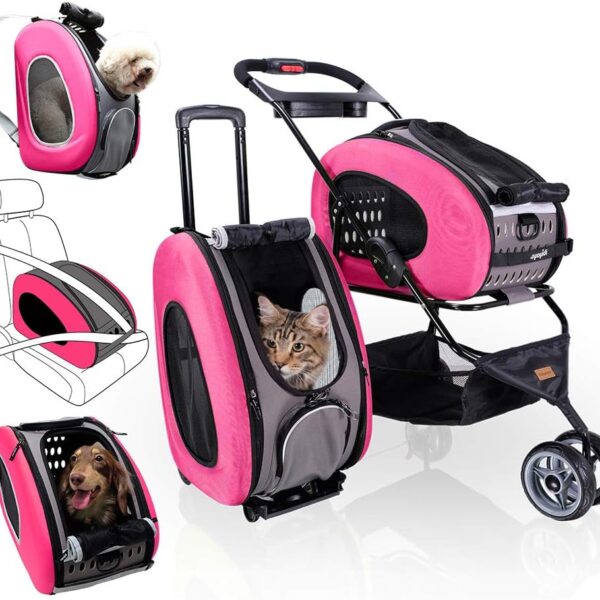 ibiyaya - Compact 5-in-1 Convertible and Foldable Small Pet Carrier and Stroller - Multifunctional Combo System Cat Stroller and Dog Stroller - Pets up to 16 Pounds - Pink