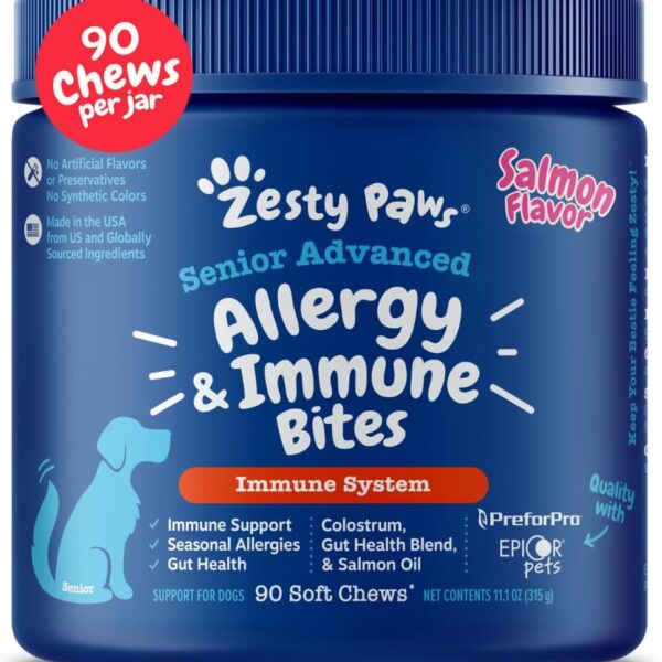 Zesty Paws Dog Allergy Relief - Anti Itch Supplement - Omega 3 Probiotics for Dogs - Stop Paw Licking - Soft Chews for Skin Health & Seasonal Allergies - with Epicor Pets - Senior - Salmon - 90 Count